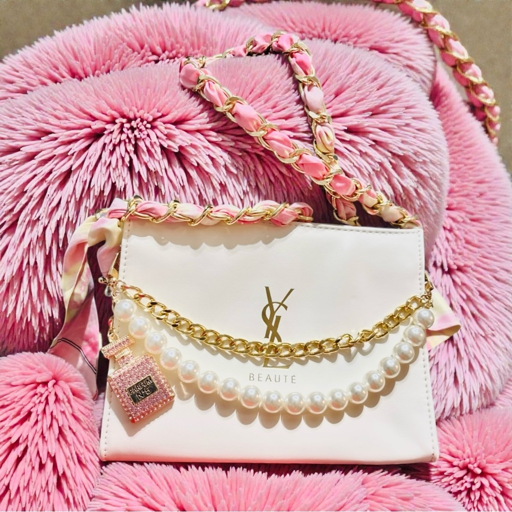 YSL Yves Saint Laurent Beaute White Makeup /Cosmetic Pouch /Xbody bag /2 Straps - Picture 6 of 10
